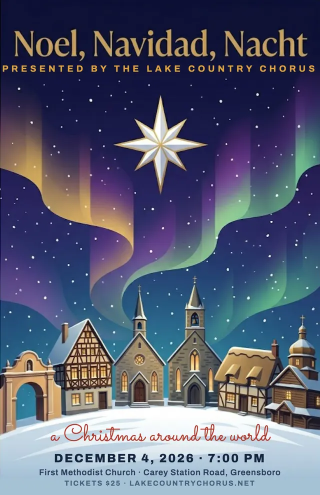 Noel Navidad Nacht concert poster — a snowy village beneath the northern lights and a Christmas star